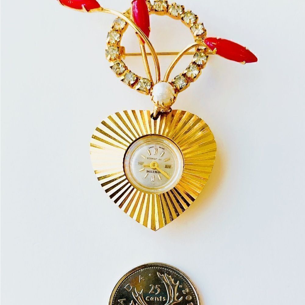Vintage Rhinestone Brooch Pin With Watch Pendant - Picture 7 of 14